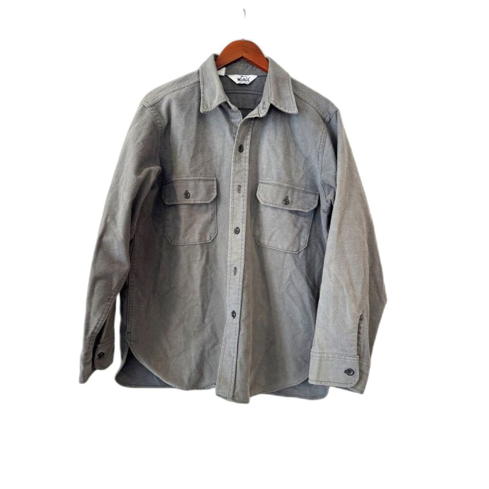 Vintage Woolrich Men XL Gray Chamois Cloth Shirt Jacket USA 100% Cotton 90s
